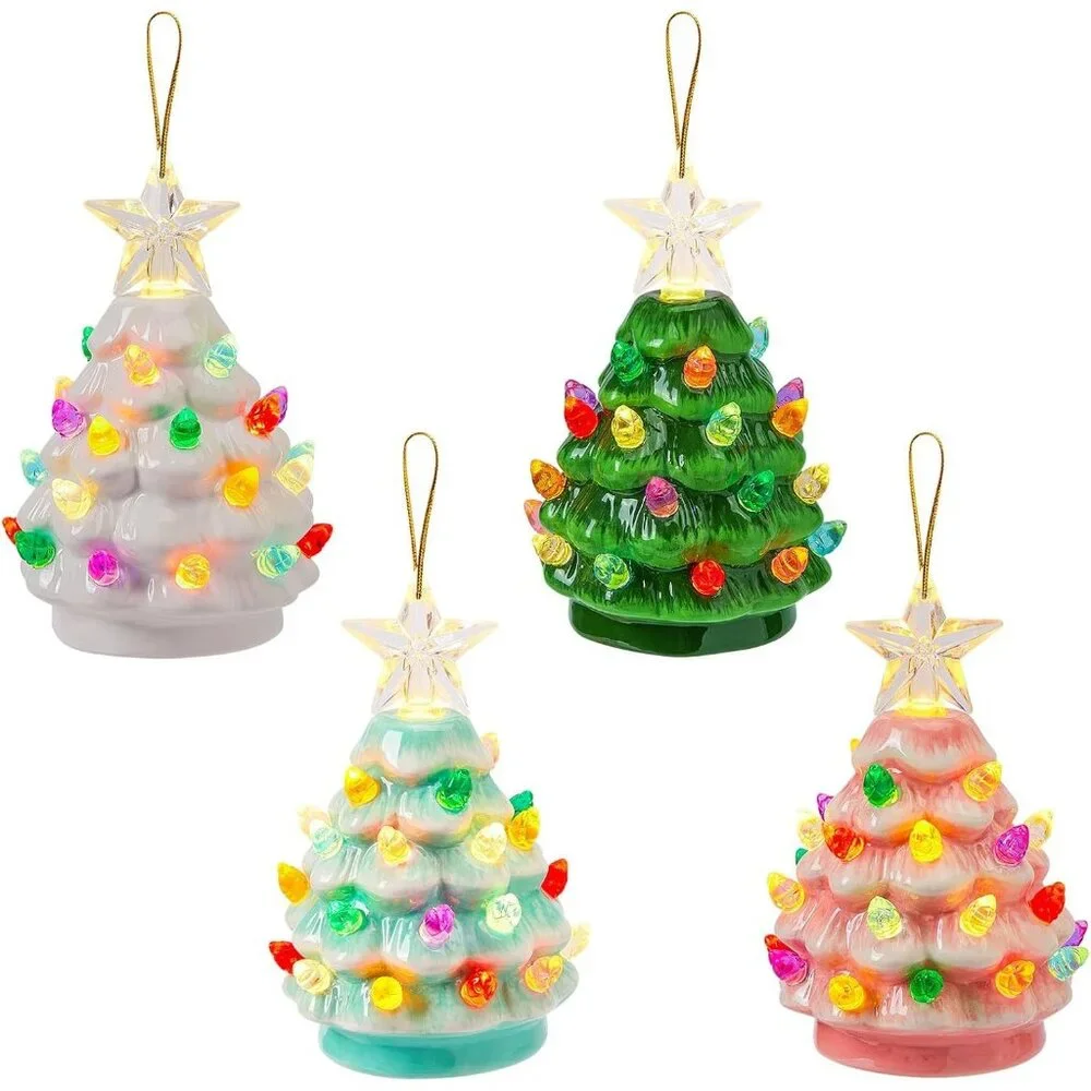 4.3 Inch Mini Ceramic Christmas Tree Set - 4 Pack Tabletop Christmas Tree